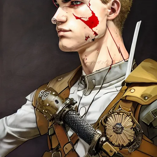 Image similar to portrait of a young white hero using his right arm to hold his sword covering his eye by yoji shinkawa, high quality, extra details, realism, ornate, colored, golden chain, blood, white skin, short hair, brown eyes, vivid, sunlight, dynamic, american man, freedom, white american soldier, painting, cybernetics, military