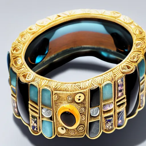 Prompt: an ornate bracelet made of gold and onyx and gemstones, designed by hr giger and georgia okeeffe