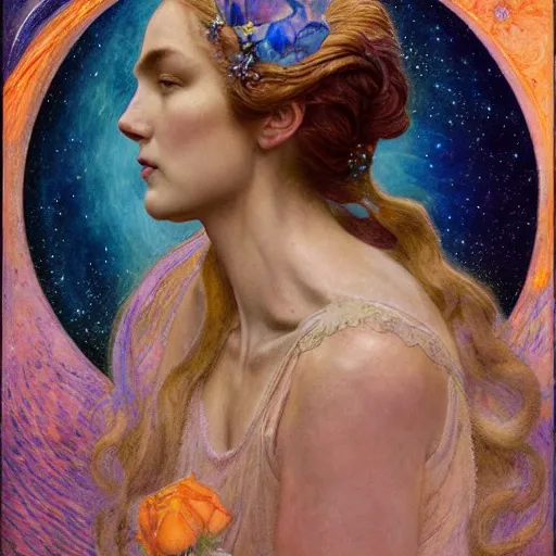 Prompt: queen of the moon with stars in her hair, by annie swynnerton and tino rodriguez and nicholas roerich and jean delville and donato giancola and tom bagshaw and evelyn demorgan and diego rivera, dramatic lighting, floral tattoos, rich colors, smooth sharp focus, extremely detailed, adolf wolfli