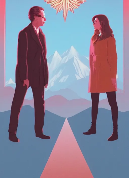 Prompt: Twin Peaks movie poster artwork by Michael Whelan and Tomer Hanuka, Rendering of Emma Watson & Kiernan Shipka hallucinating in order to meet David Bowie the god spirit, from a scene from Twin Peaks, clean, full of detail, Matte painting, trending on artstation and unreal engine