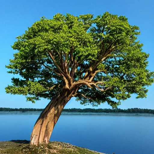 Prompt: an actual binary tree growing on the data lake shores