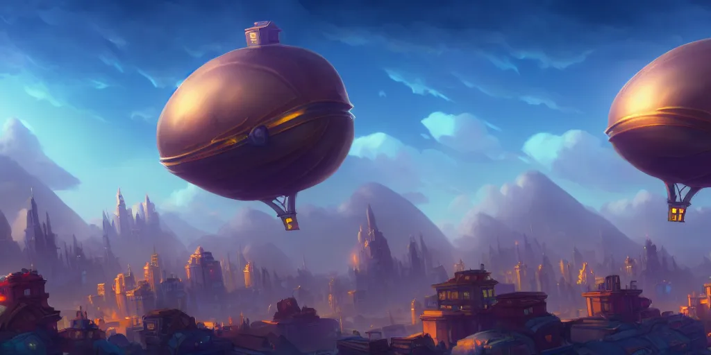 Prompt: the city in the of piltover, in the style from netflix's arcane, blimps in the sky, blue skies, soft clouds, trending on artstation
