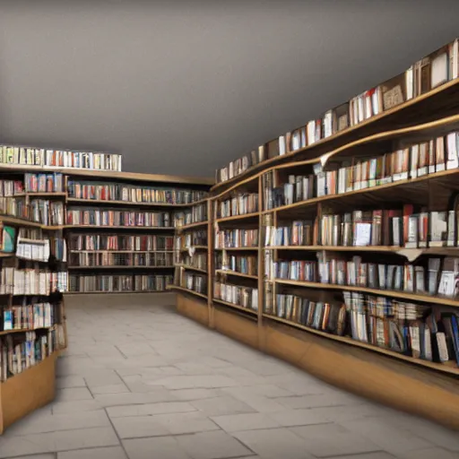 Prompt: unreal engine render of an old, dusty bookstore