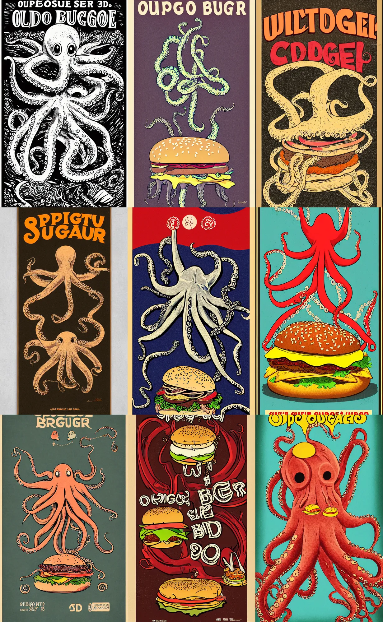 Prompt: highly detailed illustration of octopus eating a burger, vintage poster, symmetrical, hd, trending, silk screen