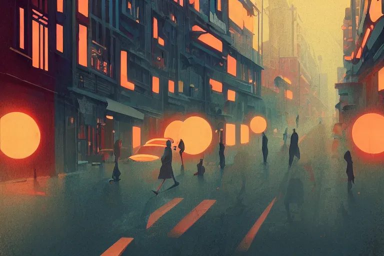 Image similar to busy small town street, lush, many people, modern art deco, colorful, mads berg, christopher balaskas, victo ngai fine texture, detailed, muted colors, dynamic composition, matte print, wide angle, moody, stippled light, very grainy texture, stippled shadows