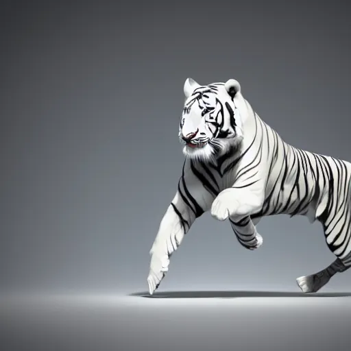 Image similar to a low - poly render of an all white tiger with no stripes in a dynamic action pose dwelling in the spirit realm, low poly 3 d, octane render, dramatic dreamlike lighting, all white render, no textures, angular energetic background elements, angular dynamic white rock floor, artgerm, unreal engine, artgerm, artstation, ross tran