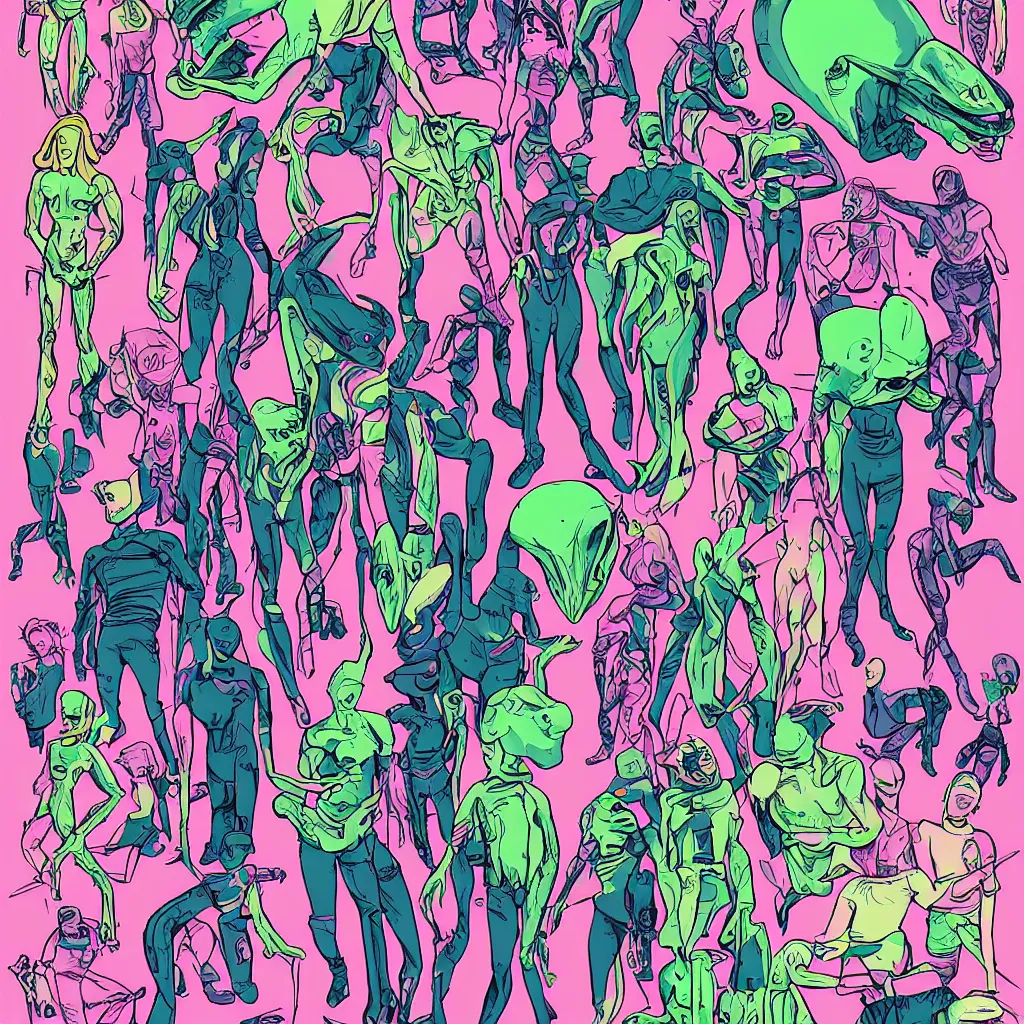 Prompt: alien street wear pastel palette on alien character models with Comic Book art style