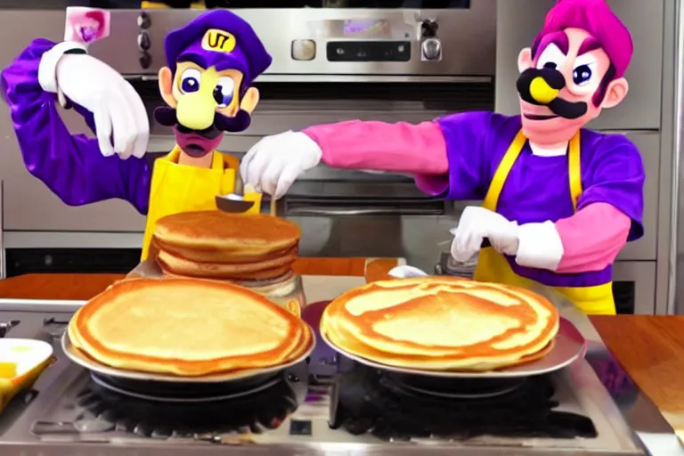 Image similar to a real waluigi baking pancakes