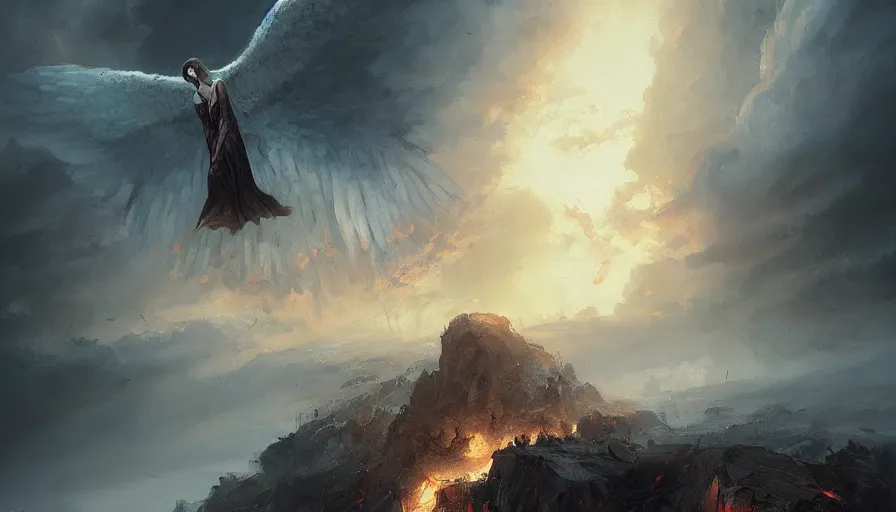 Prompt: A beautiful painting of the angel of death in a fire ravaged sky by greg rutkowski and Kalin Popov , Trending on artstation HD.