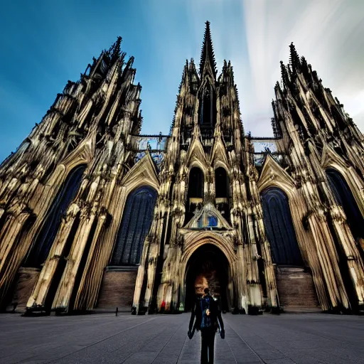 Image similar to the terminator walking next to the cathedral of cologne, germany, volumetric lighting, sharp focus, ultra detailed, cgsociety - w 1 0 2 4 - n 8 - i