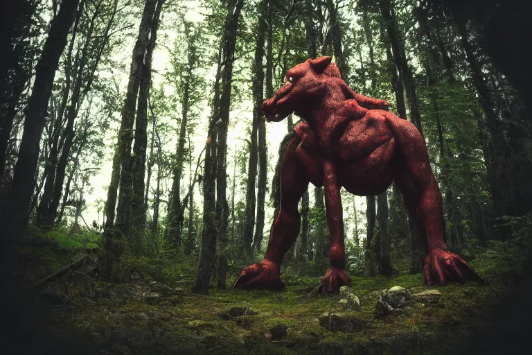 Image similar to mythological creature standing in a swedish forest very low angle photograph trending on artstation