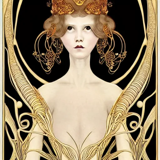 Image similar to a beautiful girl made of ivory and gold, highly intricate, digital art, very detailed, in the style of a weird and dark eerie liminal art nouveau flemish painting,