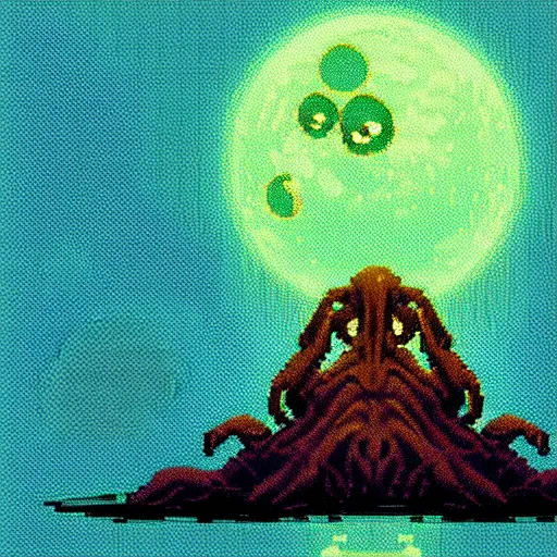 Image similar to pixelart Cthulhu, landscape, horizon, lunar, moon, backlit