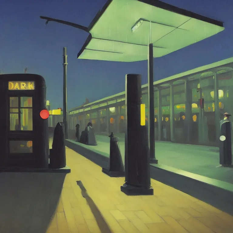 Image similar to dark city bus stop, painted by Edward Hopper and James Gilleard, oil painting