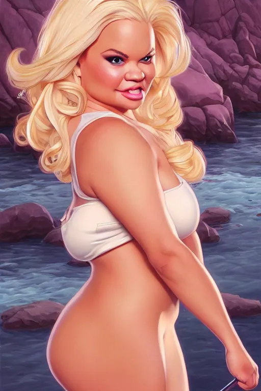 Image similar to clear portrait of a trisha paytas!! as hooters waitress, cottagecore!!, background hyper detailed, character concept, full body, dynamic pose, intricate, elegant, highly detailed, digital painting, artstation, concept art, smooth, sharp focus, illustration, art by artgerm and greg rutkowski and alphonse mucha