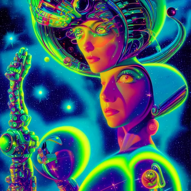 Image similar to cosmic girl, 2 0 yo, medium close - up, bright neon colors, highly detailed, cinematic, panoramic, tim white, michael whelan, roger dean, bob eggleton, philippe druillet, vladimir kush, kubrick, alfred kelsner, boris vallejo