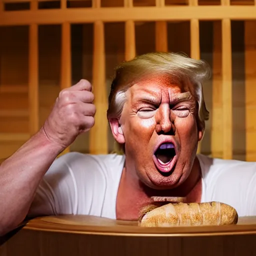 Prompt: donald trump in a sauna enthusiastically eating sausage , ultra realistic, 8k