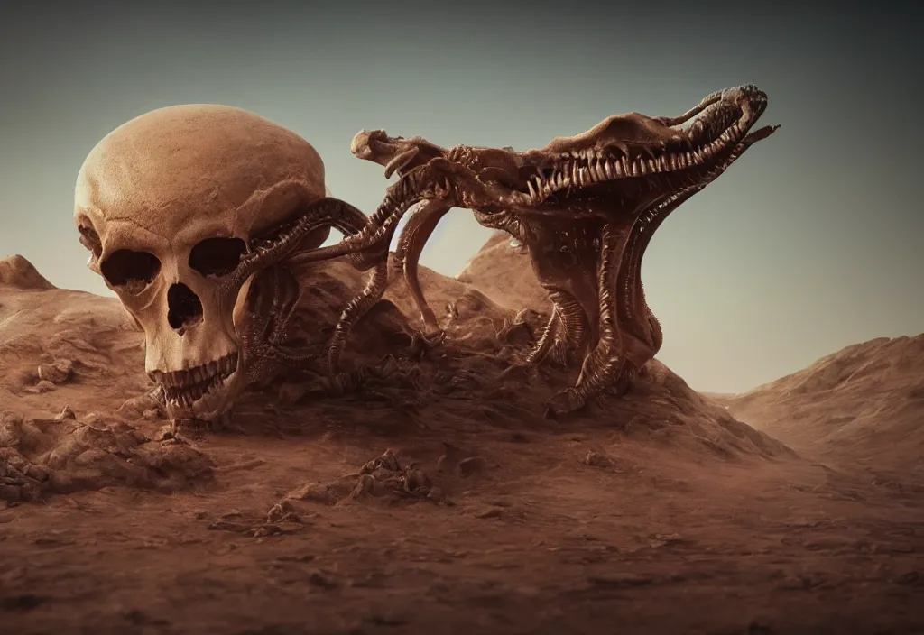 Image similar to eldritch animal alien skull in a dessert in mars, photorealistic, film, cinematic lighting, octane tender, volumetric light, dark - art