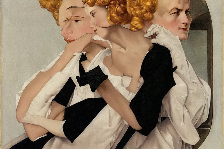 Image similar to Painting of lucius as an indolent consort, long blond drill curls, delicate androgynous prince, pale white porcelain skin, cool tones, by Leyendecker and Norman Rockwell