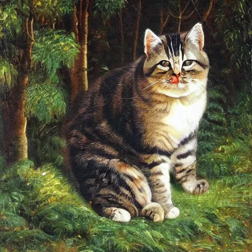 Image similar to huge cat besides small houses, oil painting by Ivan Shishkin