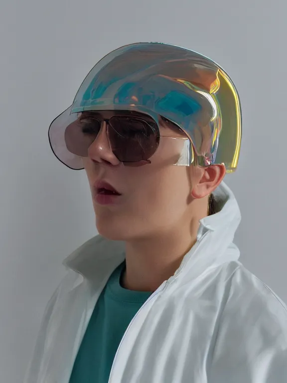 Image similar to an ultra high definition professional studio quality photograph of a transparent iridescent perspex pastel coloured face visor and matching raincoat on a white coat hook in an empty white room. dramatic lighting, ray tracing, refraction, shallow d. o. f, colour corrected, golden ratio, three point light. volumetric shadows. light rays.