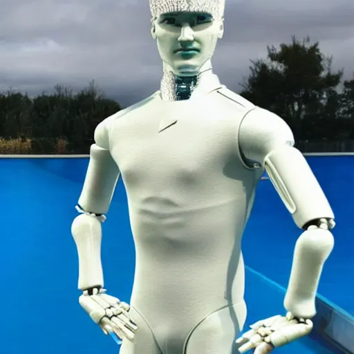 Image similar to a realistic detailed photo of a guy who is an attractive humanoid who is half robot and half humanoid, who is a male android, soccer player timo werner, shiny skin, posing like a statue, blank stare, by the pool, on display, showing off his muscles, humanoid robot, frozen ice statue, made of ice