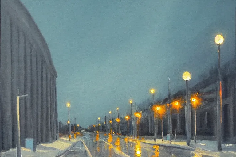 Image similar to a painting of a desolate lulea street at night by lars lerin