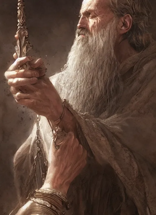 Prompt: realistic portrait painting of a male cleric, old mystic ruins, afternoon, intricate, elegant, highly detailed, digital painting, sharp, focus, by artgerm and greg rutkowski