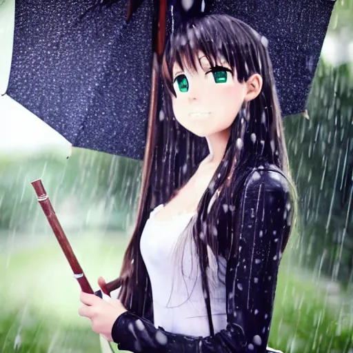 Image similar to anime girl in copron tights, in full growth, beautiful appearance, curly hair, holding an umbrella and it's raining, beautiful figure