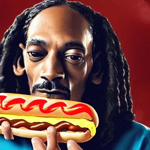 Prompt: a hotdog with the face of snoop dogg inside it