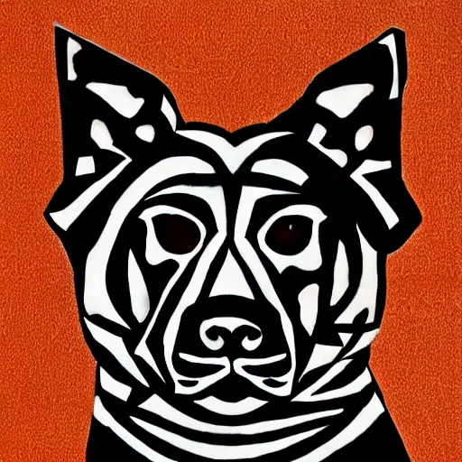 Prompt: <https://s.mj.run/xnm80wAjy-Q> Graphic art of a canine, orange black and whites, geometric style, highly stylized, trending on artstation, shepard fairey