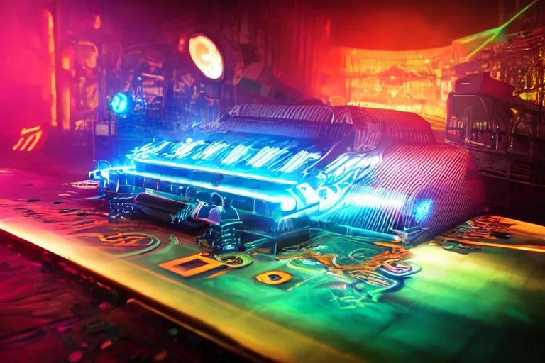 Image similar to photo of a concert ticket on a table, bandname is tripmachine, tour is invasion of the tripmachines, realistic digital art, 3 d render of a huge futuristic steampunk generator, 8 k, fluorescent colors, halluzinogenic, multicolored, exaggerated detailed, unreal engine