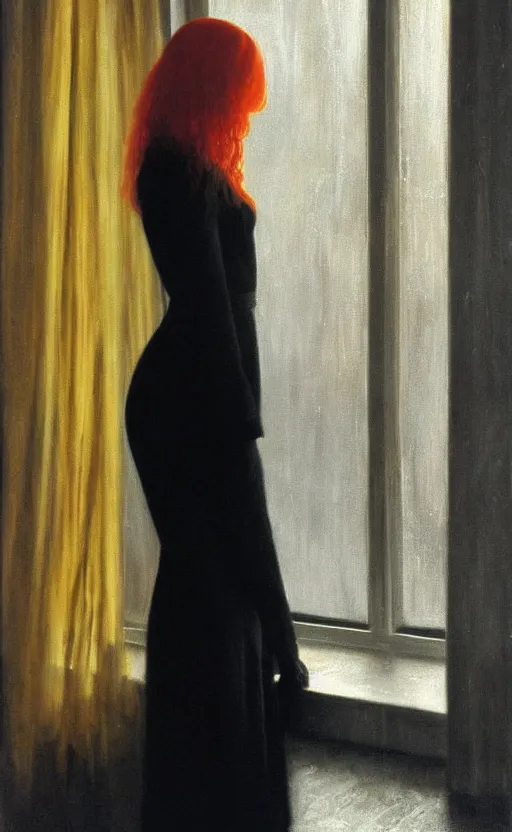 Prompt: portrait of a girl with long red hair, very beautiful style, the girl standing in a black room by the window, in a gold suit, photorealism, andrei tarkovsky maurilio manara,