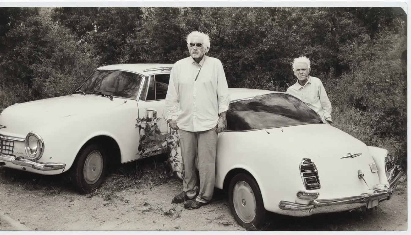 Prompt: old, scratched polaroid picture of old white haired man posing near his chrysler car very detailed, 8 k