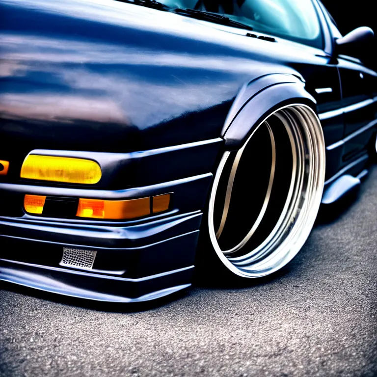 Image similar to close-up-photo BMW E36 illegal meet, cambered wheels, Saitama prefecture, misty midnight, cinematic color, photorealistic, high detailed wheels, highly detailed, custom headlights, subtle neon underlighting