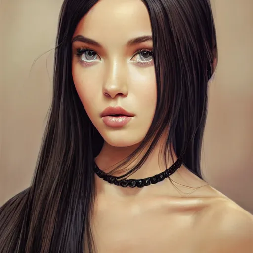 Prompt: ultra realistic studio shot soft painting, long straight dark black hair, tan - looking, beautiful pure genetic mix of dove cameron madison beer bella poarch long dress, professionally retouched, focus realistic eyes looking at camera, insanely detailed linework, partial symmetrical accurate intricate features, behance artstation, 8 k masterpiece, tom bagshaw ross draws