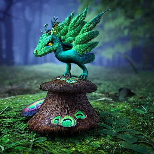 Prompt: tiny peacock dragon at night in a lush green forest sitting on a mushroom, octane render, trending on artstation, artstationHD, artstationHQ, unreal engine, 8k, volumetric lighting