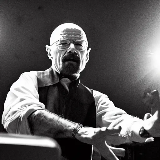 Prompt: Walter white singing at a death metal concert, photography, wide angle, sharp, cinematic