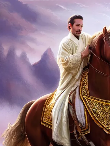 Image similar to a handsome man weaing a silk robe, happy and disarmed, laurels of glory, returns to home triunphantly mounted in a horse. full of pride. victorirous. prideful.. intricate, elegant, highly detailed, digital painting, artstation, concept art, sharp focus, illustration, by justin gerard and artgerm, 8 k