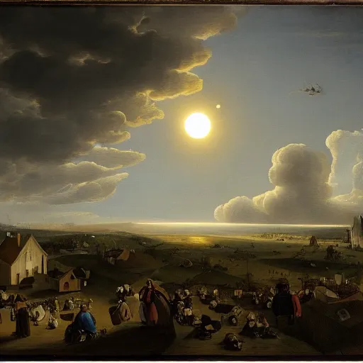 Image similar to dark solar eclipse, above a village, highly detailed, studio 4 k quality, by pieter claesz