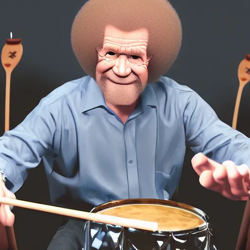 Prompt: Bob Ross playing the drums, render animation, 4k