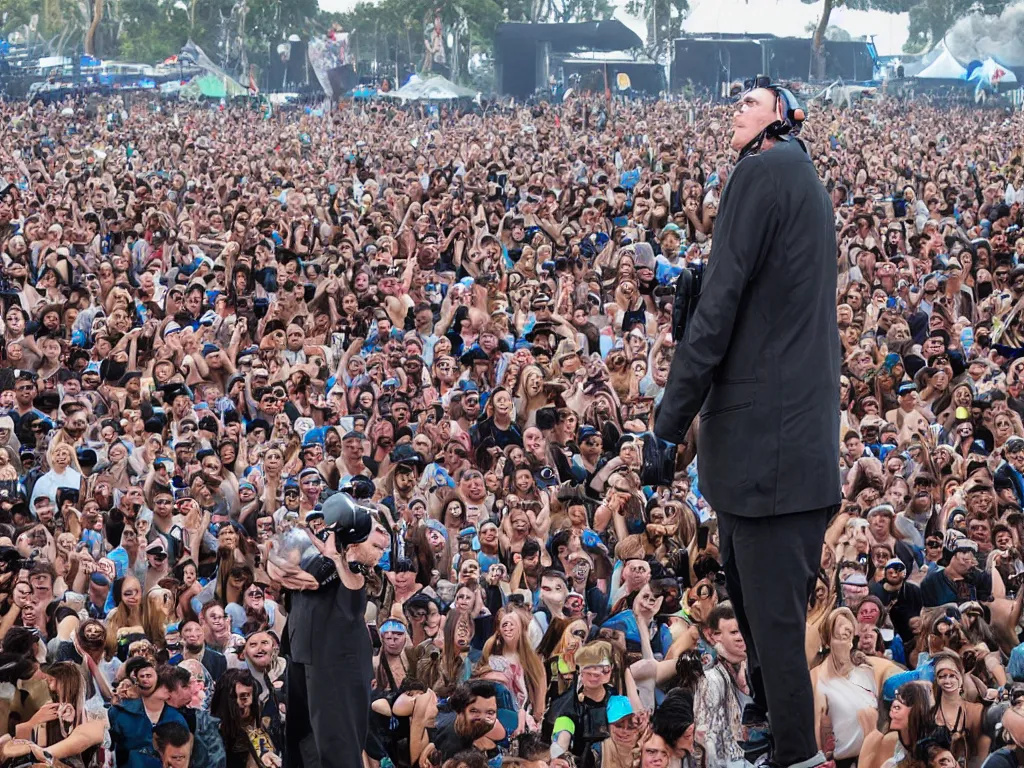 Prompt: mr peculiar is surrounded by incredible technology playing highly evolved music overlooking a crowd at a trance festival