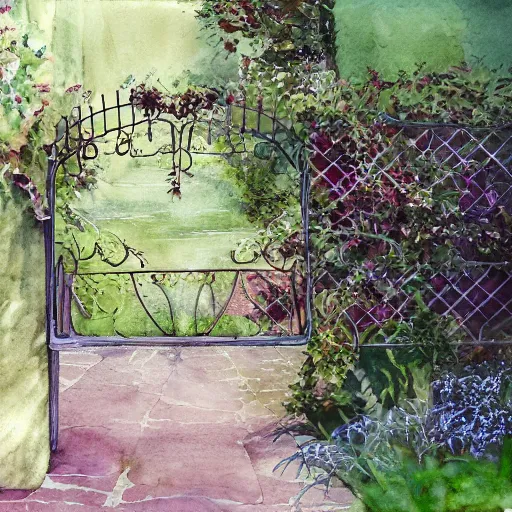 Image similar to delicate, chairs, garden, paved, botanic watercolors, iridescent, 8 k, realistic shaded, fine details, artstation, italian, iron gate, tree, mediterranean, marvelous