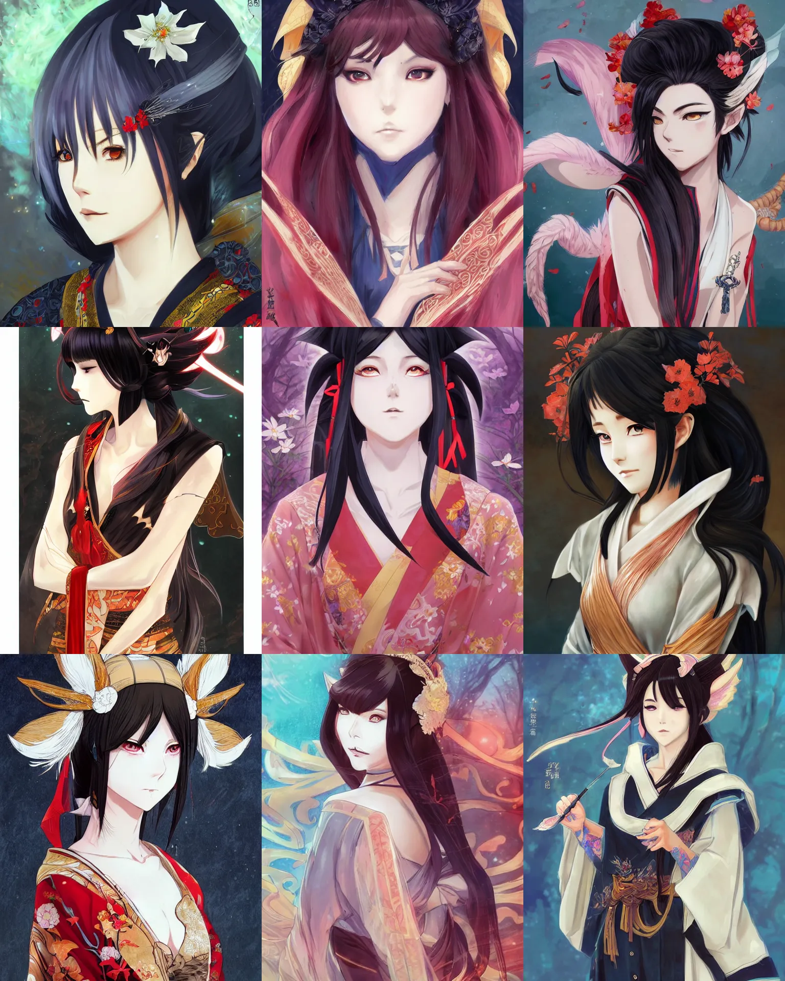 Prompt: An anime portrait of Ssunbiki as a beautiful kitsune woman with dark hime cut hair wearing a kimono from Skyrim, by Stanley Artgerm Lau, WLOP, Rossdraws, James Jean, Andrei Riabovitchev, Marc Simonetti, and Sakimichan, trending on artstation