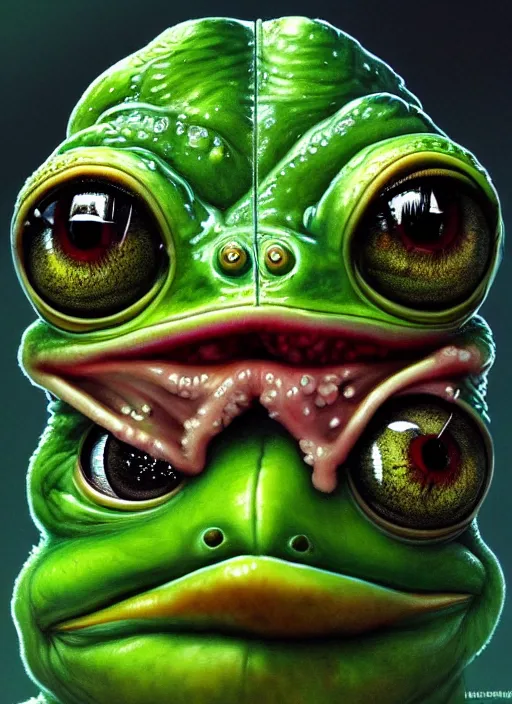 Image similar to slimy pepe the frog, drool, portrait, intricate, elegant, highly detailed, digital painting, artstation, concept art, wallpaper, smooth, sharp focus, illustration, art by h. r. giger and artgerm and greg rutkowski and alphonse mucha