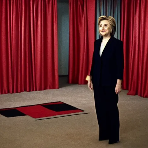 Prompt: hillary clinton standing in front of red drapes on a black and white checkerboard floor in twin peaks