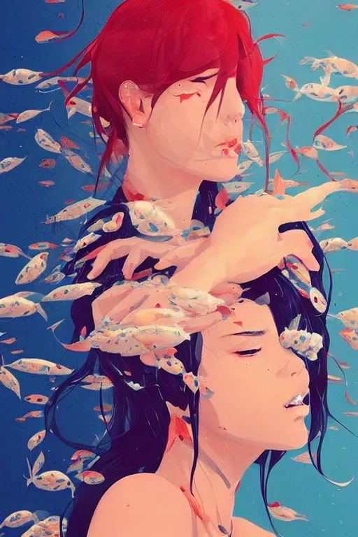 Image similar to a ultradetailed beautiful portrait panting of a stylish woman surrounded by floating koi fish, by conrad roset, greg rutkowski and makoto shinkai, trending on artstation