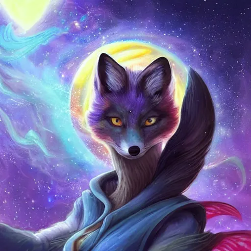 Image similar to a painted avatar portrait of an awesome cosmic powerful humanoid kitsune fox mage themed around life and death and the stars and the cosmos, in the style of dnd beyond avatar portraits, beautiful, artistic, elegant, lens flare, magical, lens flare, nature, realism, stylized, art by jeff easley