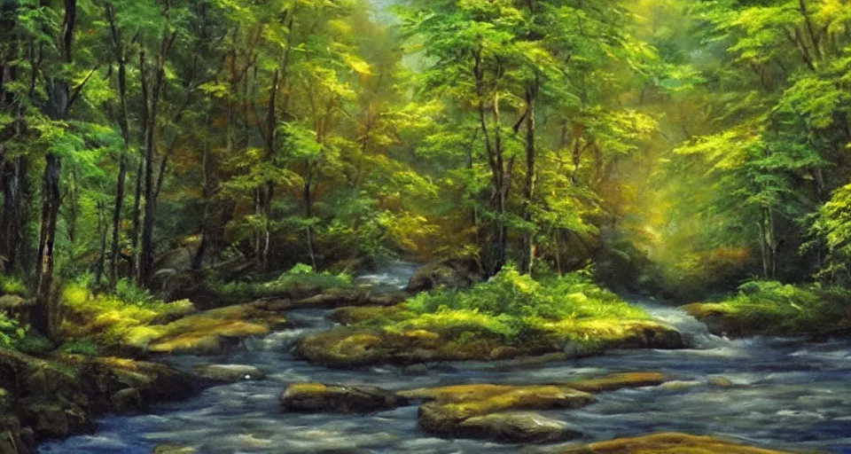 Prompt: a breathtaking painting of a stream in a forest by Bob ross