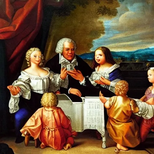 Prompt: baroque painting of johann sebastian bach playing the piano with his family in heaven